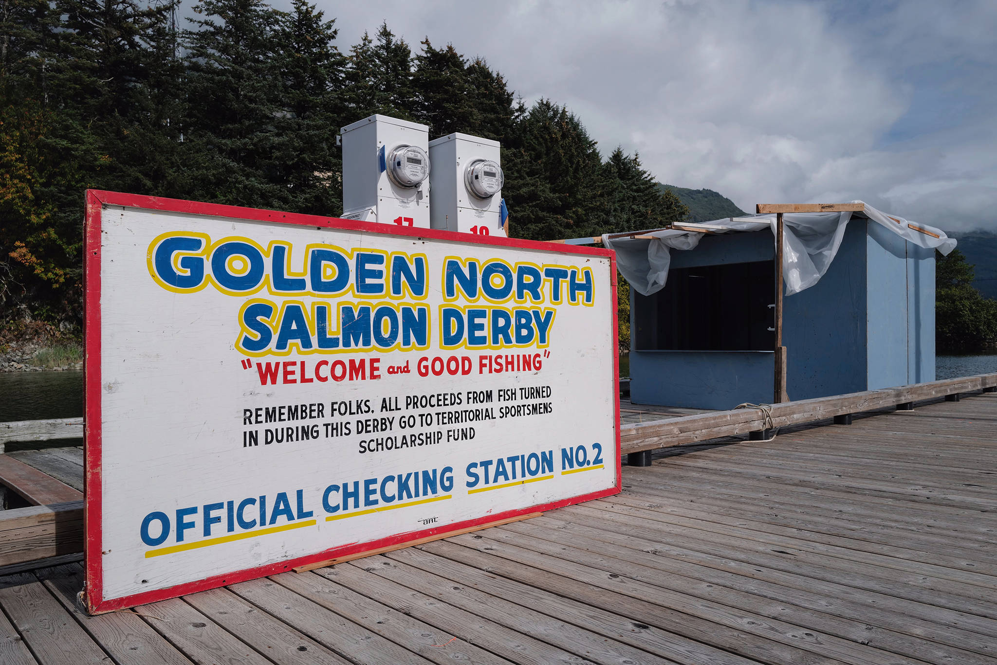 An official weigh-in station sits prepared for the Golden North Salmon Derby in the Mike Pusich Douglas Harbor on Thursday, Aug. 15, 2019. (Michael Penn | Juneau Empire File)