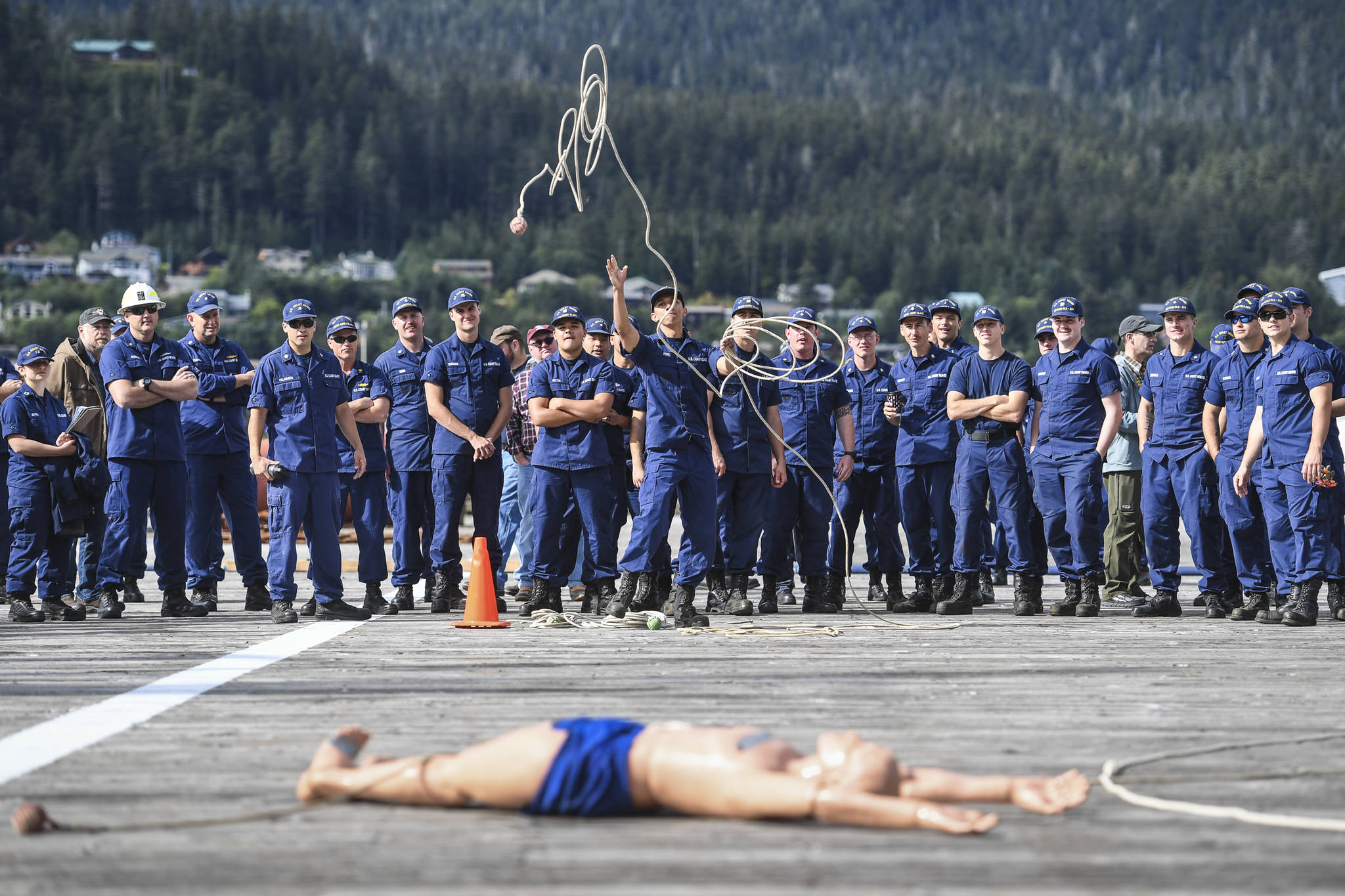 Javier Perez, of the U.S. Coast Guard Cutter Henry Blake, competes in the rope throw during the annual Buoy Tender Olympics at Station Juneau on Wednesday, Aug. 21, 2019. (Michael Penn | Juneau Empire)