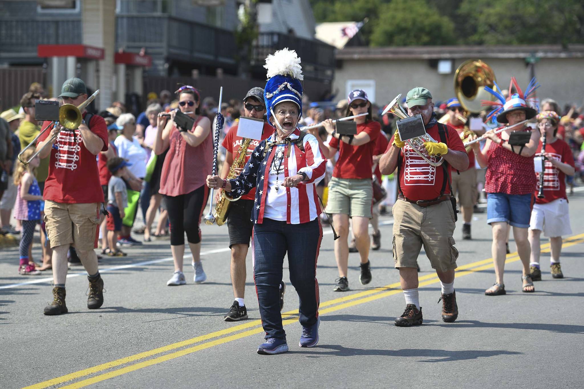 Bea Findlay leads the Juneau Volunteer Marching Band in the Douglas Fourth of July Parade on Thursday, July 4, 2019. (Michael Penn | Juneau Empire)
