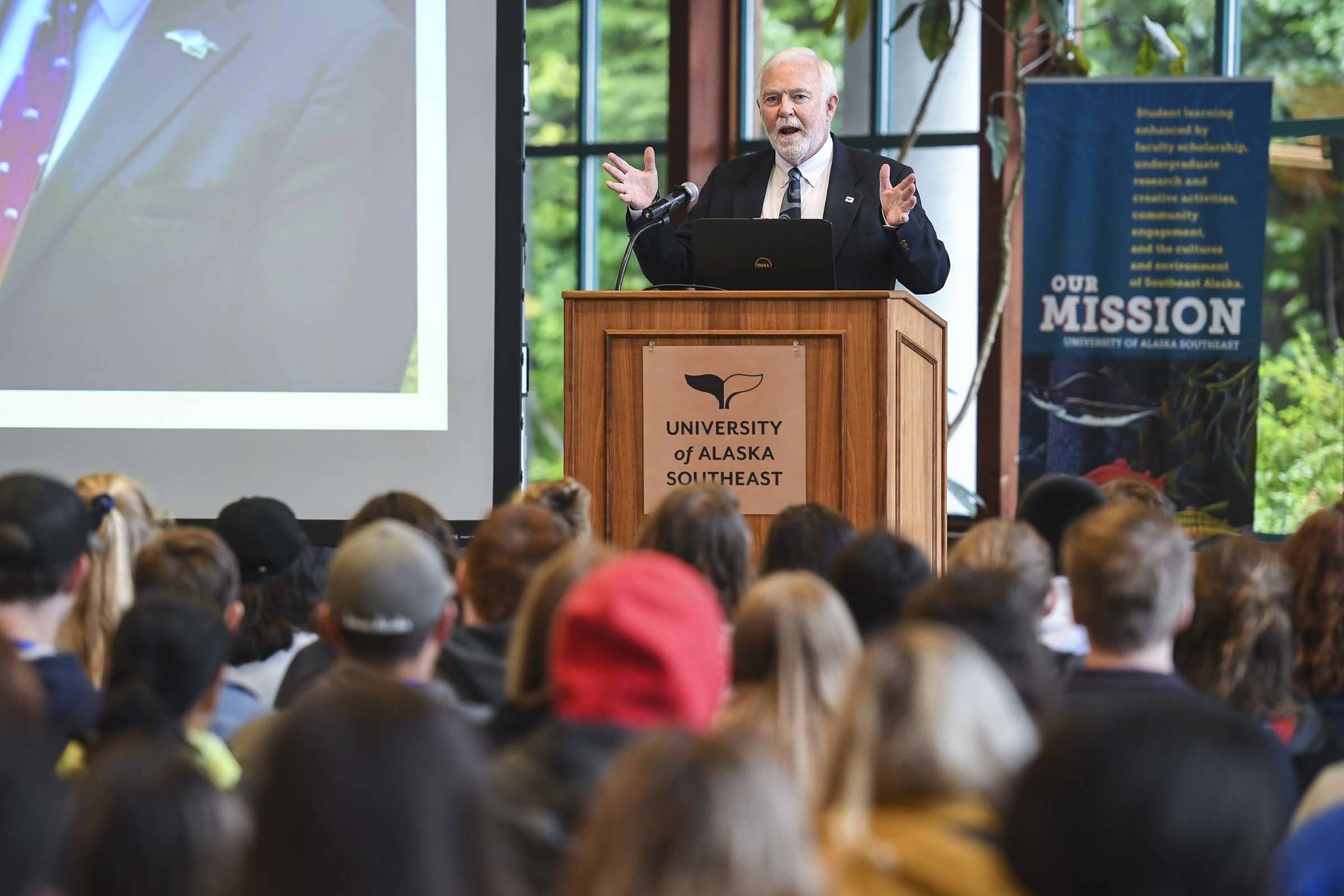 Chancellor Dr. Richard Caulfield speaks to freshmen students during a convocation at the University of Alaska Southeast on Friday, Aug. 23, 2019. Classes start Monday, Aug. 26. (Michael Penn | Juneau Empire)