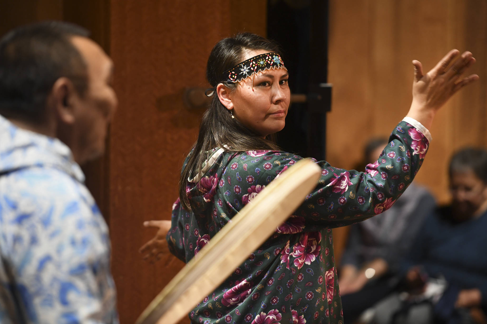 Rene Mokiyuk, right, performs St. Lawrence Island dancing and song with her uncle, John Waghiyi and his wife, Arlene Annogiyuk Waghiyi, of Savoonga, at the Walter Soboleff Center on Wednesday, Aug. 28, 2019. (Michael Penn | Juneau Empire)