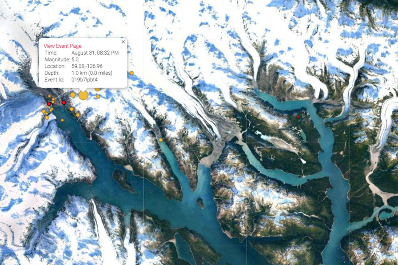 A 5.0 magnitude earthquake occured at a depth of less than a kilometer 100km northwest of Juneau on August 31. (Screenshot from USGS)