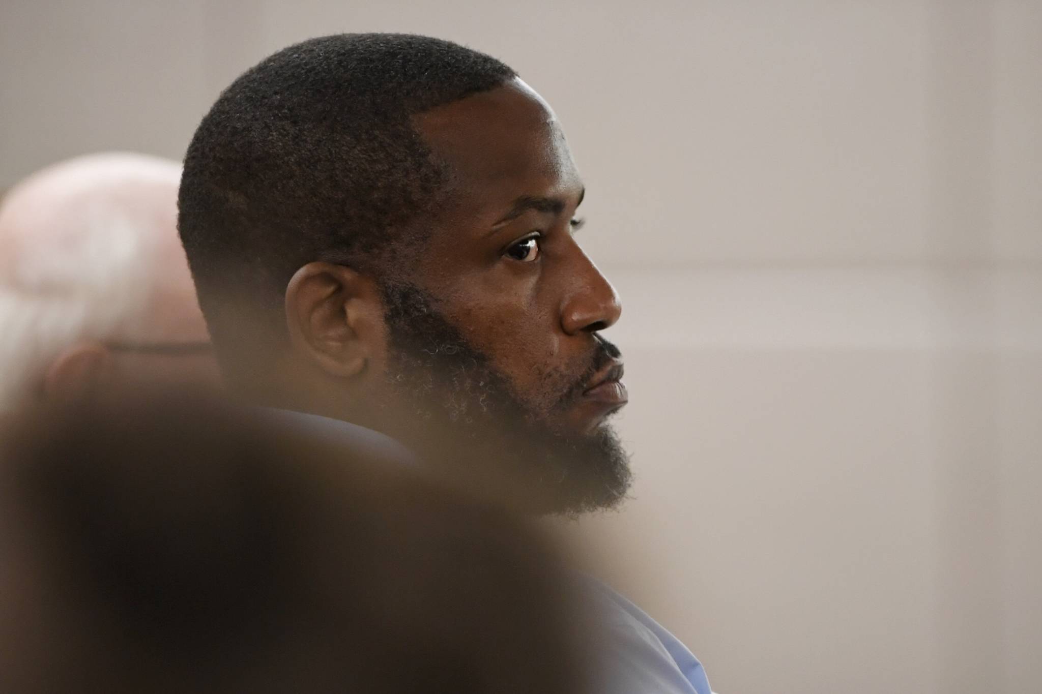 Laron Carlton Graham listens in Juneau Superior Court on Wednesday, Sept. 4, 2019, during his trial on two counts of first-degree murder for the November 2015 shooting deaths of 36-year-old Robert H. Meireis and 34-year-old Elizabeth K. Tonsmeire. (Michael Penn | Juneau Empire)