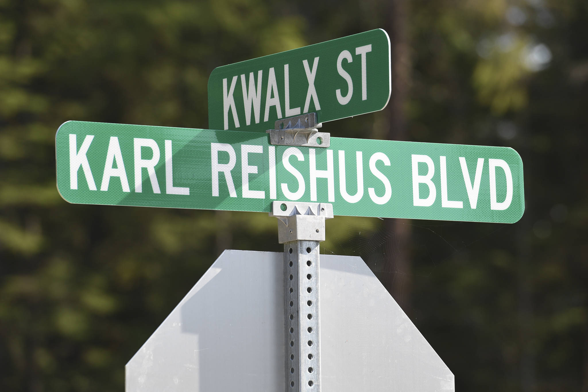 Karl Reishus Boulevard in the Pederson Hill Subdivision on on Friday, Sept. 6, 2019. Reishus was a Juneau Police Department officer who died in 1992 when he fell from a 40-foot tower during a training exercise. (Michael Penn | Juneau Empire)