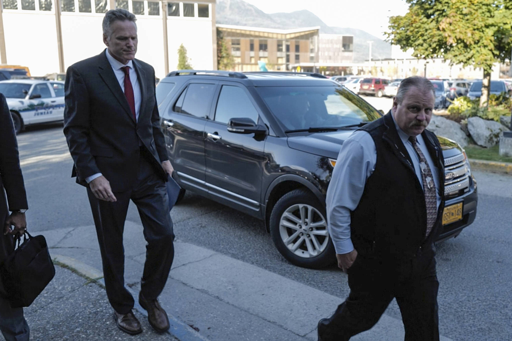 Gov. Mike Dunleavy arrives at Centennial Hall on Tuesday, Sept. 10, 2019, to attend the first day of the 11th annual meeting of the International Forum of Sovereign Wealth Funds. The Alaska Permanent Fund Corporation is the host of the event. (Michael Penn | Juneau Empire)