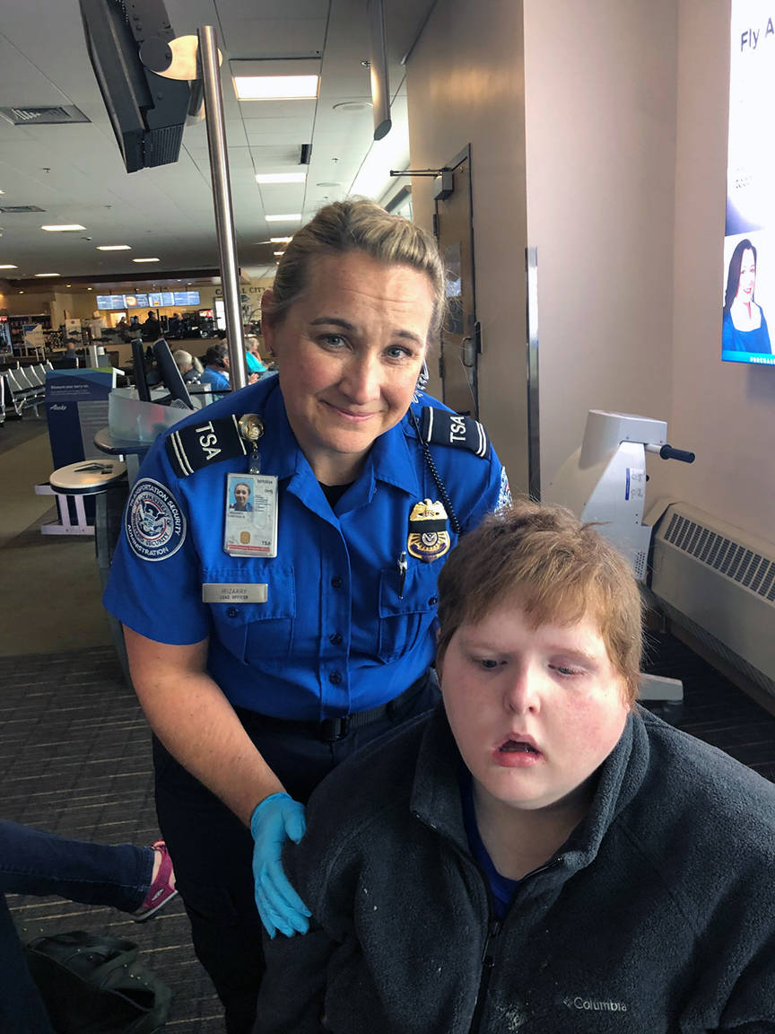 Transportation Security Administration agent Brenda Irizarry and Nicole Studley at Juneau International Airport on Wednesday, Sept. 11, 2019 (Courtesy Photo | James Studley)