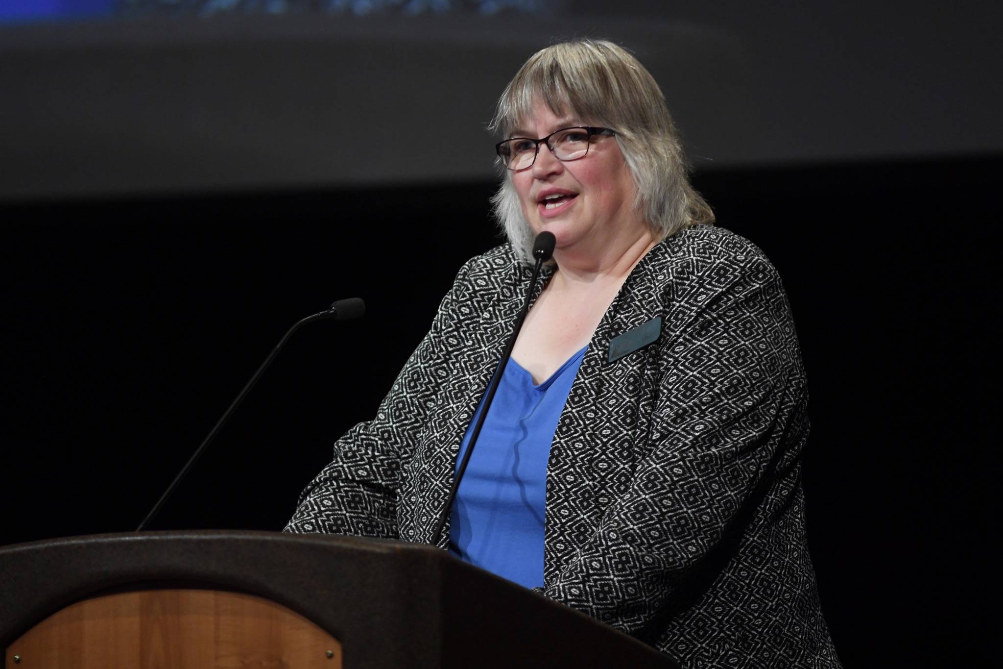 City and Borough of Juneau Beth Weldon delivers opening remarks during the International Forum of Sovereign Wealth Funds’ annual meeting at Centennial Hall, Thursday, Sept. 12, 2019. (Michael Penn | Juneau Empire)