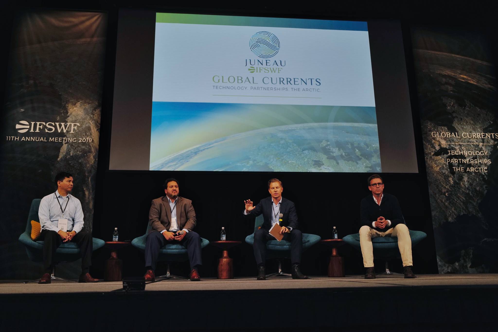 Erik Bethel, U.S. Director of the World Bank, second from right, moderates a panel on the Future of the Arctic with Aaron Schutt, President and CEO of Doyon Limit, left, Damian Bilbao, Vice President of Commercial Ventures for BP Alaska, center and Nils Bolmstrand, CEO of Nordea Asset Management, during the annual meeting of the International Forum of Sovereign Wealth Funds at Centennial Hall on Thursday, Sept. 12, 2019. (Michael Penn | Juneau Empire)