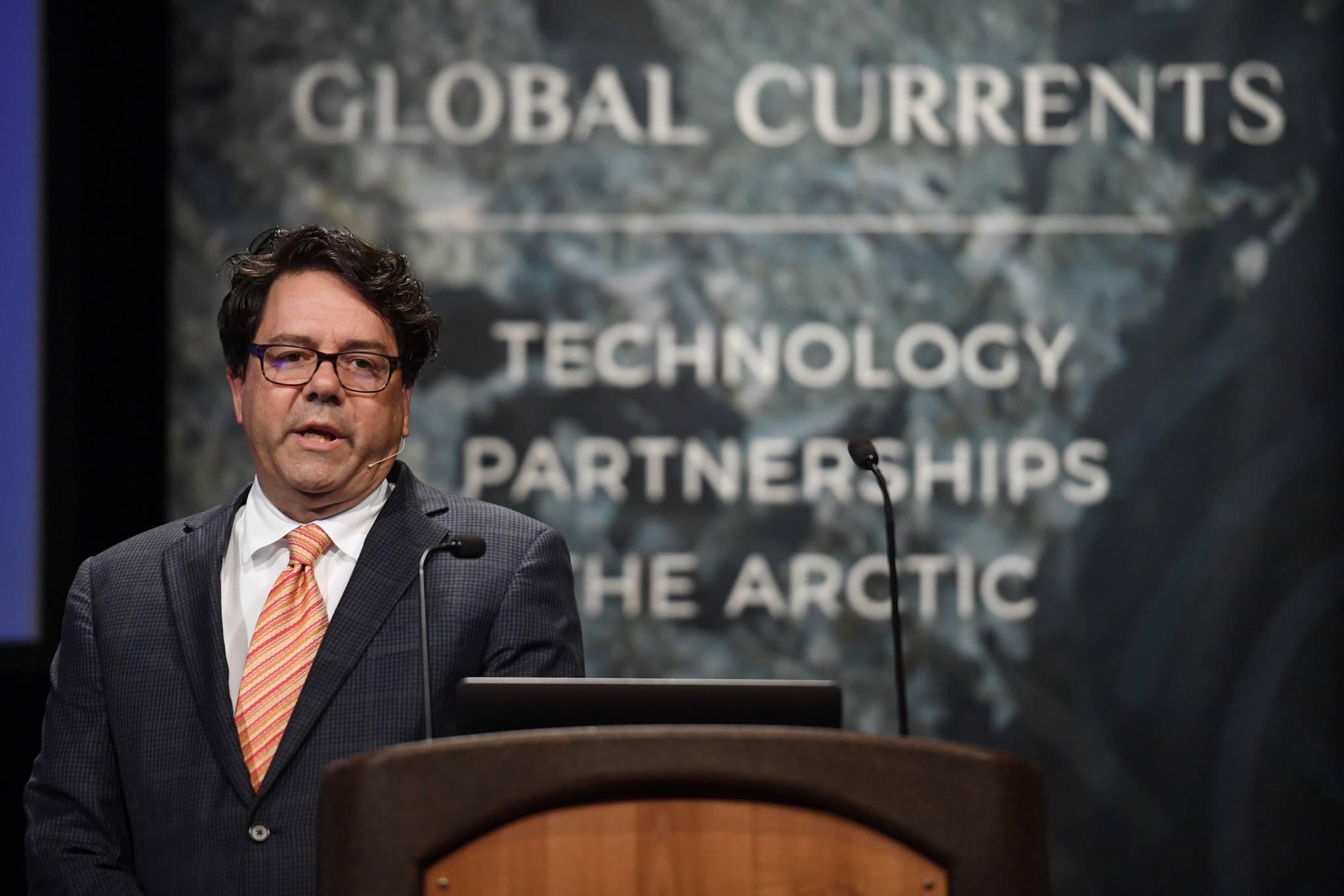 Vincent Pieribone, Vice President of OceanX, deliveries the keynote speech at the annual meeting of the International Forum of Sovereign Wealth Funds at Centennial Hall on Thursday, Sept. 12, 2019. (Michael Penn | Juneau Empire)