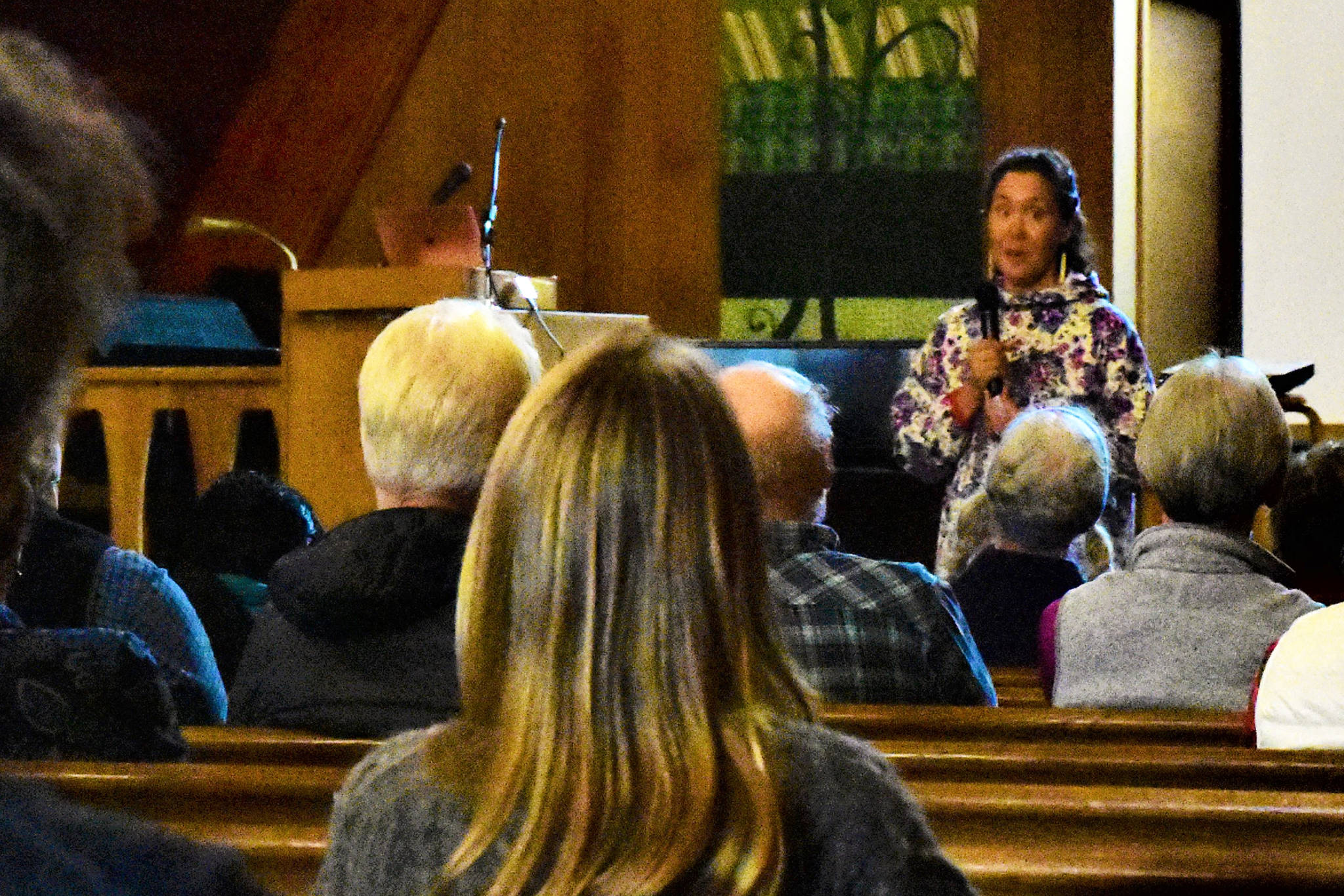 Melanie Brown speaks at Northern Light United Church in Juneau during the “Climate Change Through the Eyes of Alaska Natives,” forum on Sept. 12, 2019. (Peter Segall | Juneau Empire)