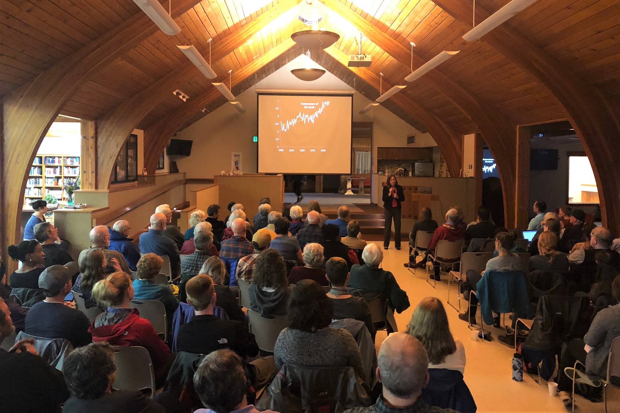 Katharine Hayhoe speaks to the audience at Chapel by the Lake on Sept. 13, 2019. (Peter Segall | Juneau Empire)