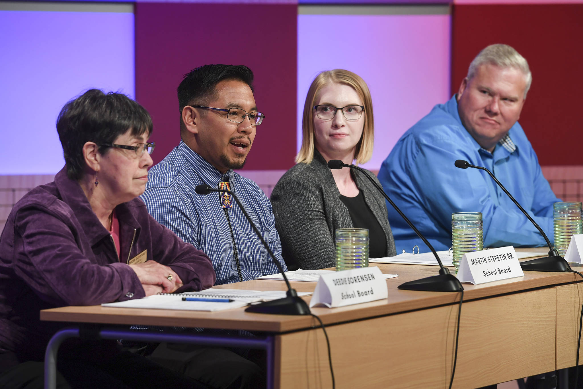 Juneau School Board candidates Deedie Sorensen, left, Martin Stepetin, Sr., Bonny Jensen and Emil Mackey, right, respond to questions during a candidate forum at KTOO on Tuesday, Sept. 17, 2019. The event was sponsored by the Juneau League of Women Voters. (Michael Penn | Juneau Empire)