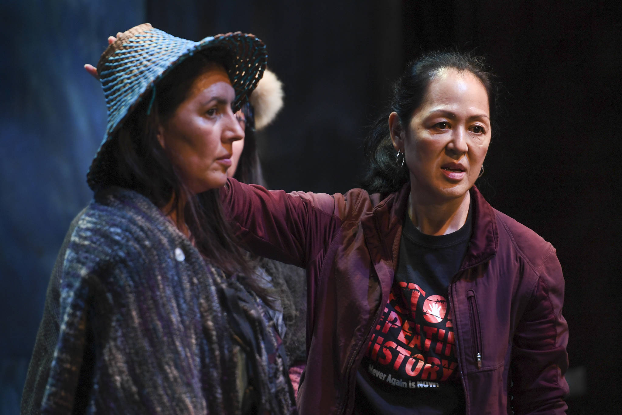 Director Leslie Ishii, right, works with actress Jennifer Bobiwash during Perseverance Theatre’s production of “Devilfish” written by Vera Starbard on Tuesday, Sept. 17, 2019. (Michael Penn | Juneau Empire)