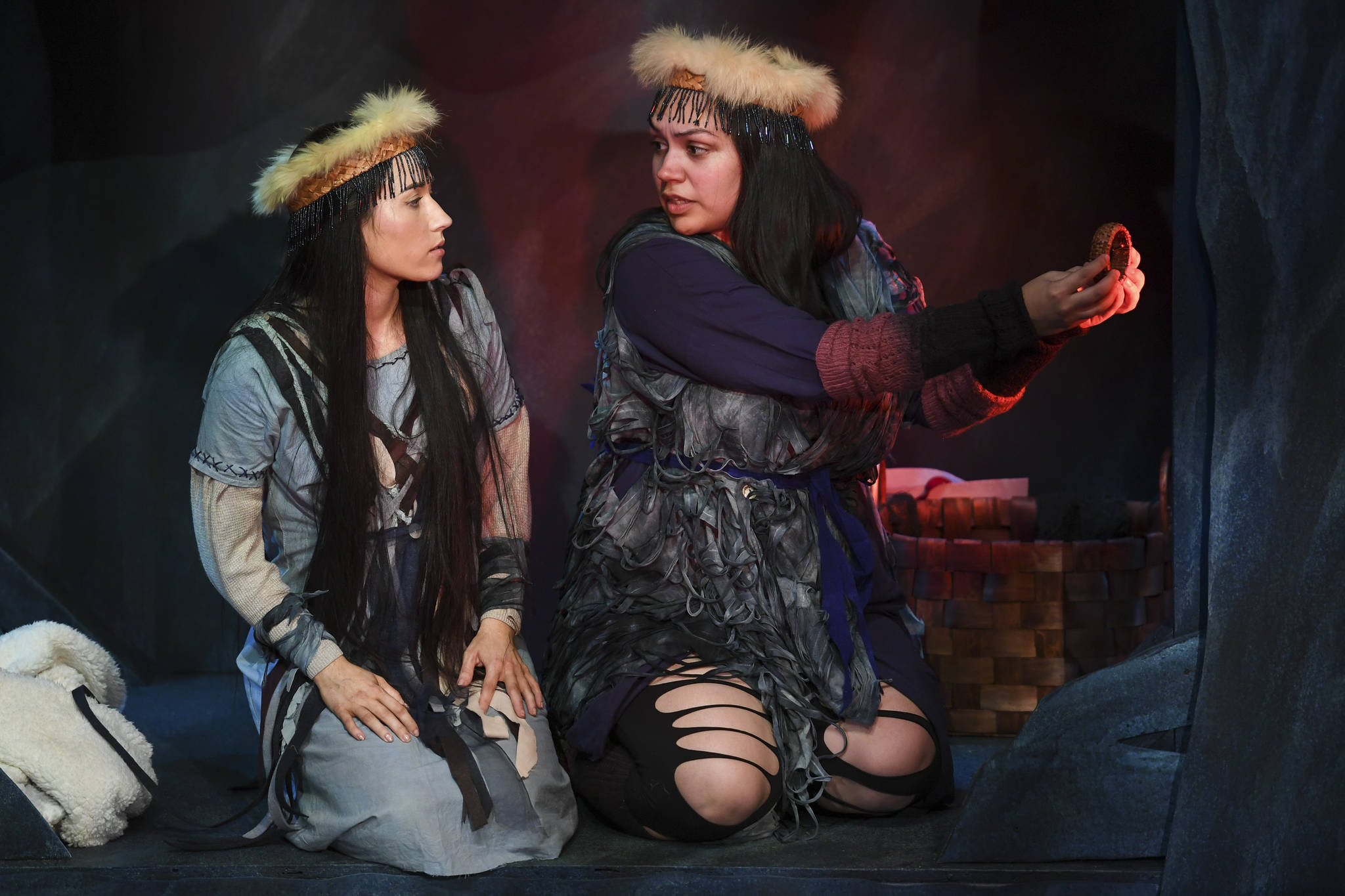 Emily Sera, playing Koontz, left, and Erin Tripp, playing Aanteinatu, rehearse in Perseverance Theatre’s production of “Devilfish” written by Vera Starbard on Tuesday, Sept. 17, 2019. (Michael Penn | Juneau Empire)