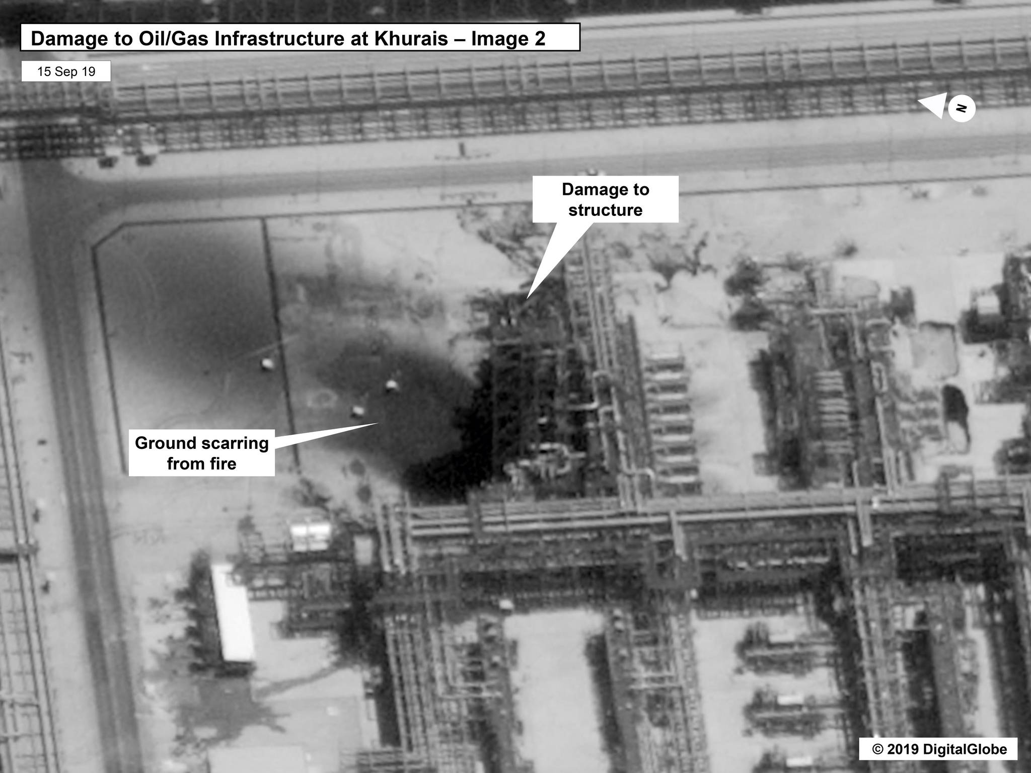 This image provided on Sunday, Sept. 15, 2019, by the U.S. government and DigitalGlobe and annotated by the source, shows damage to the infrastructure at Saudi Aramcos Kuirais oil field in Buqyaq, Saudi Arabia. The drone attack Saturday on Saudi Arabias Abqaiq plant and its Khurais oil field led to the interruption of an estimated 5.7 million barrels of the kingdoms crude oil production per day, equivalent to more than 5% of the worlds daily supply. (U.S. government/Digital Globe via AP)