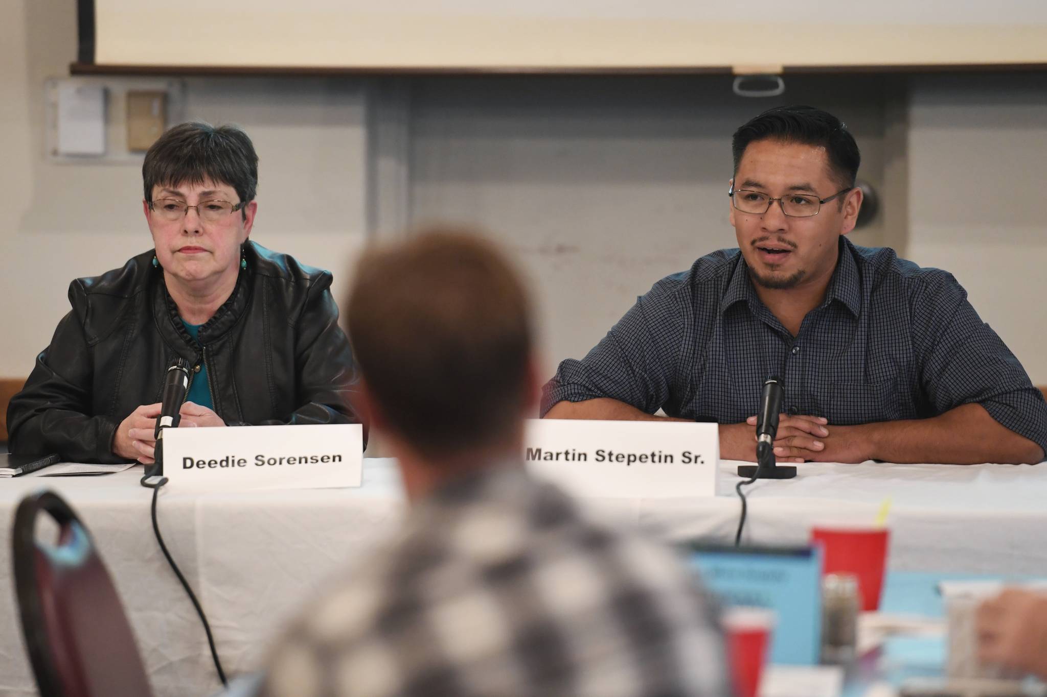 Juneau School Board candidates Deedie Sorensen, left, and Martin Stepetin, Sr. speak to the Juneau Chamber of Commerce during its weekly luncheon at the Moose Lodge on Thursday, Sept. 19, 2019. Candidates Bonnie Jensen and Emil Mackey are not at the forum. (Michael Penn | Juneau Empire)