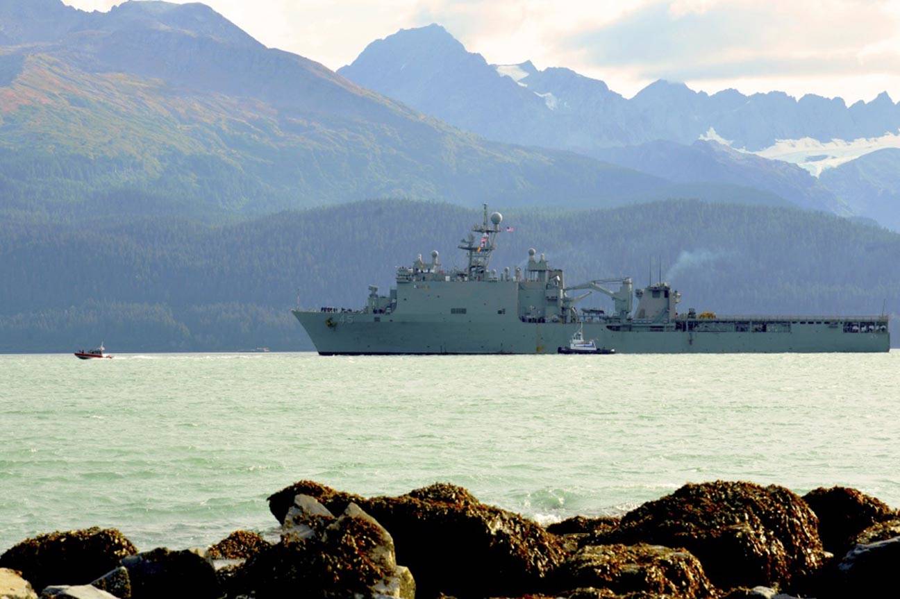 Maritime Safety and Security Team members from Pacific Area units provide security as USS Comstock (LSD 45) transits into Seward, Alaska, during the Arctic Expeditionary Capabilities Exercise (AECE) 2019, Sept. 16, 2019. (U.S. Coast Guard photo by Petty Officer 2nd Class Melissa E. F. McKenzie)