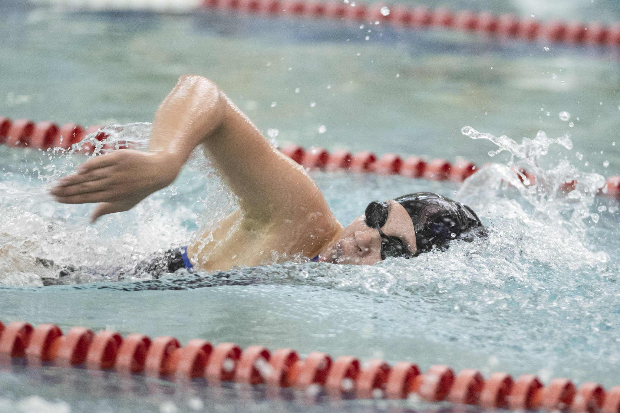 Thunder Mountain’s Nancy Liddle competes in the 200 Yard Freestyle at the Juneau Invitational Swim Meet at the Dimond Park Aquatic Center on Friday, Sept. 20, 2019. (Michael Penn | Juneau Empire)