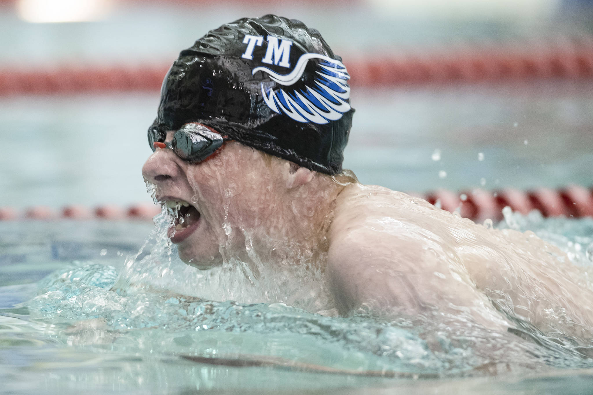 Thunder Mountain’s Sven Rasmussen competes in the 200 Yard IM at the Juneau Invitational Swim Meet at the Dimond Park Aquatic Center on Friday, Sept. 20, 2019. (Michael Penn | Juneau Empire)
