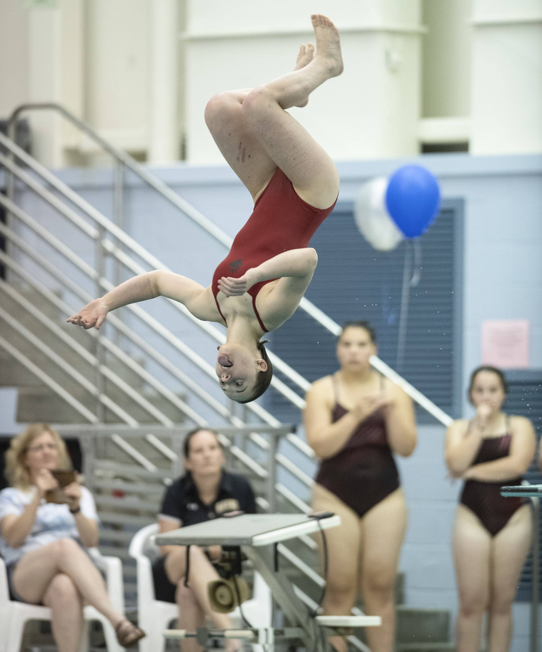 Juneau-Douglas’ Gabby Brown competes in the diving event at the Juneau Invitational Swim Meet at the Dimond Park Aquatic Center on Friday, Sept. 20, 2019. (Michael Penn | Juneau Empire)