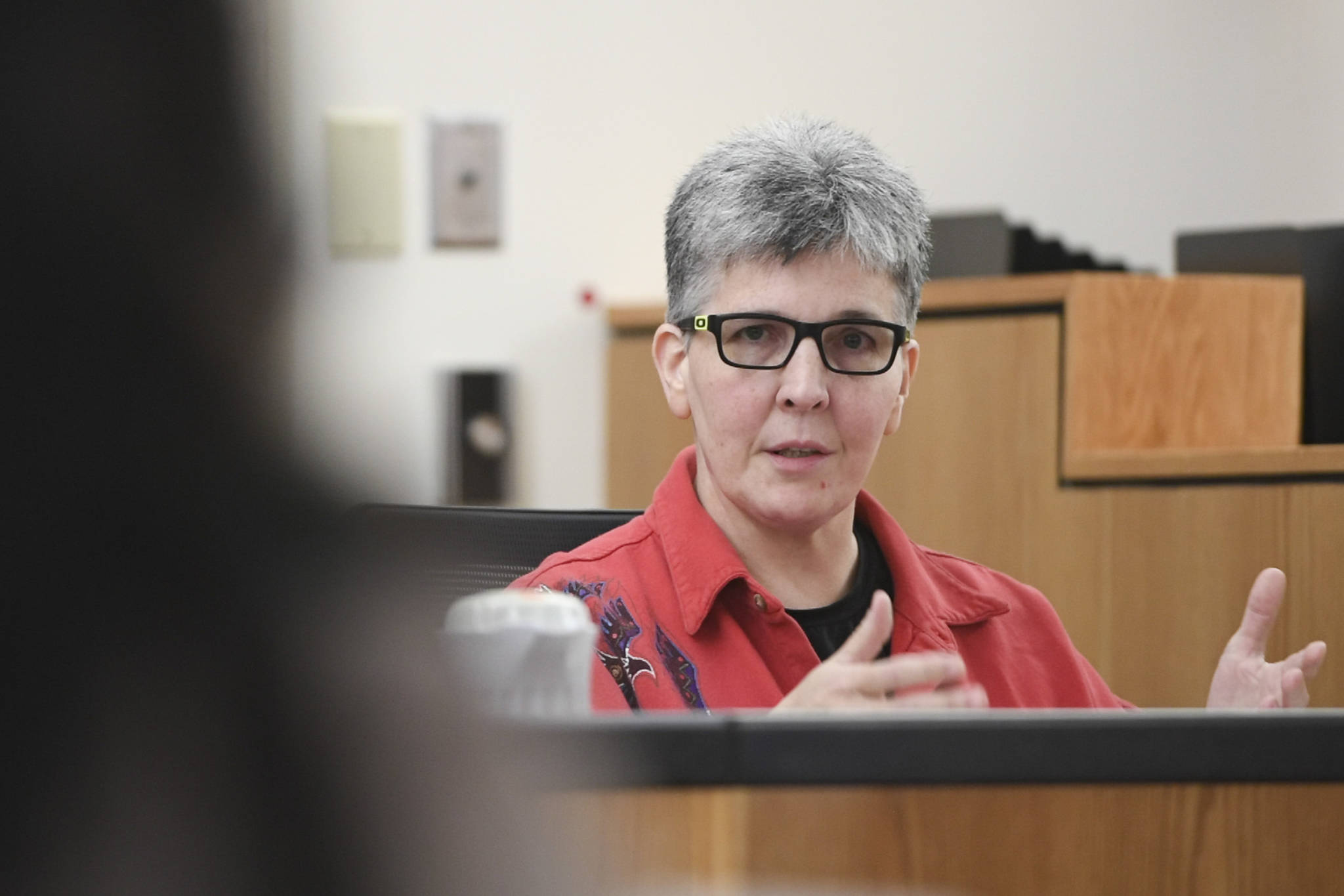 Regan Tweedy, mother of James LeBlanc-Tweedy, answers questions on the witness stand to questioning by defense attorney Natasha Norris in Juneau Superior Court on Tuesday, Sept. 24, 2019, during the trial of Laron Carlton Graham. Graham is facing two counts of first-degree murder for the November 2015 shooting deaths of 36-year-old Robert H. Meireis and 34-year-old Elizabeth K. Tonsmeire. (Michael Penn | Juneau Empire)