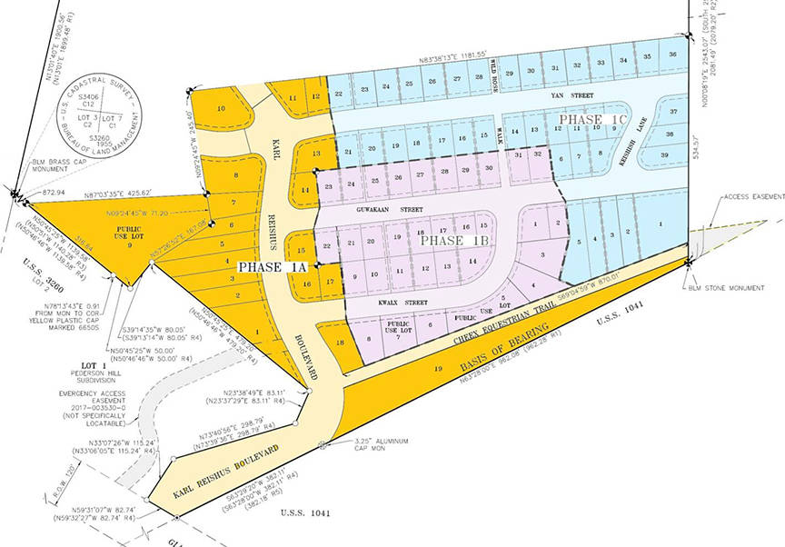 Map of the Pederson Hill subdivision. Lots in the yellow, phase 1A area have been appraised at prices ranging from $120,000-148,000. Parcels will be sold on Dec. 10 and 17.
