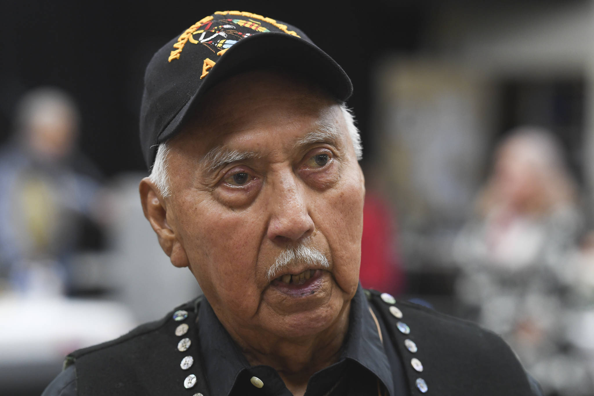 Ray Wilson, clan leader for the Kiks.ádi Clan, speaks about a replica of a sculpin clan hat before a welcoming ceremony at Elizabeth Peratrovich Hall on Wednesday, Sept. 25, 2019. The original hat was collected from the Kiks.ádi clan in Sitka in 1884. The Smithsonian Institution used a 3D digitization process to document the hat and constructed the hat using traditional materials. (Michael Penn | Juneau Empire)