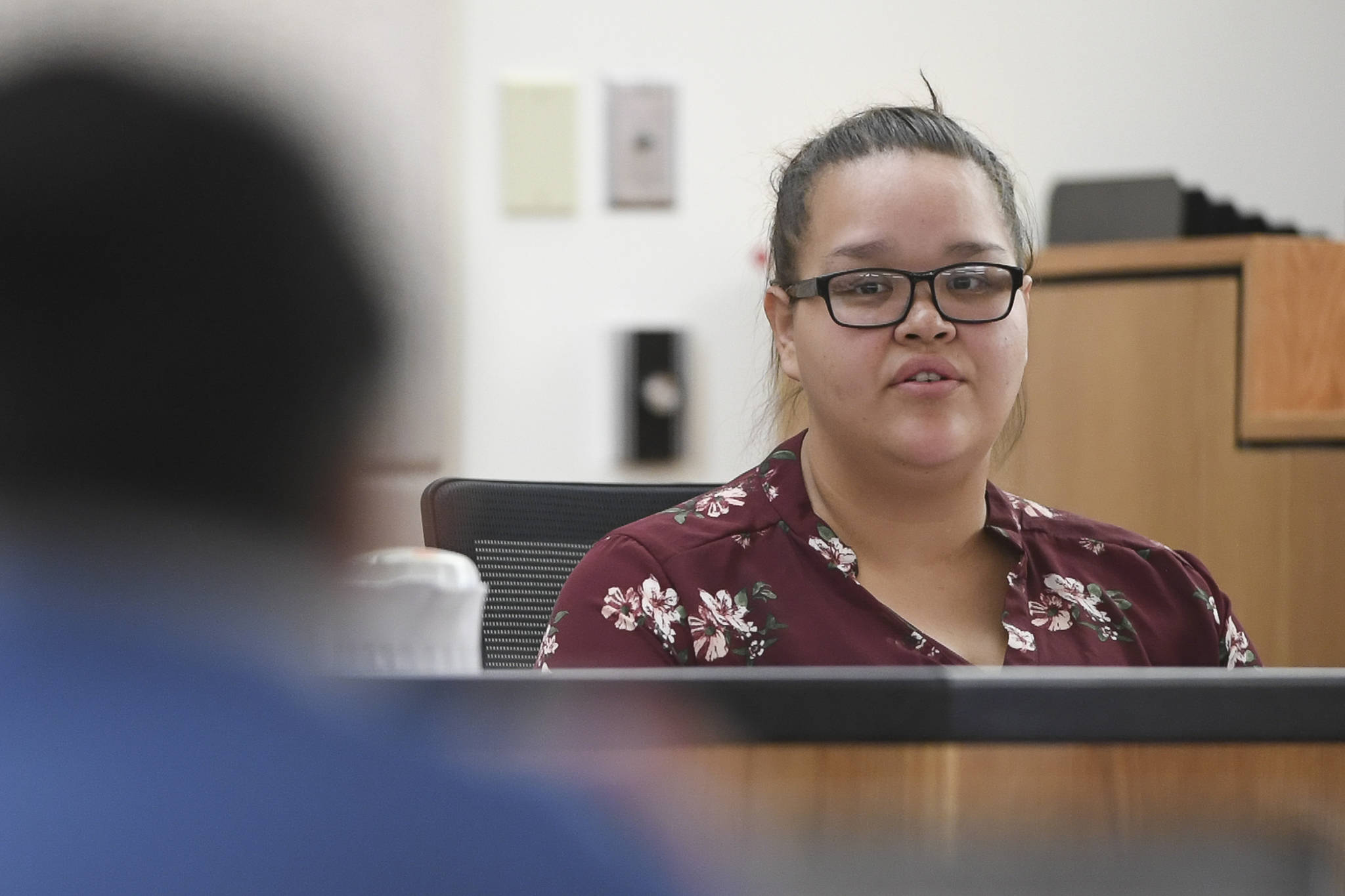 Lorissa Evenson, a former girlfriend of Laron Carlton Graham, answers questions on the witness stand from defense attorney Natasha Norris in Juneau Superior Court on Tuesday, Sept. 24, 2019, during Graham’s trial. Graham is facing two counts of first-degree murder for the November 2015 shooting deaths of 36-year-old Robert H. Meireis and 34-year-old Elizabeth K. Tonsmeire. (Michael Penn | Juneau Empire)