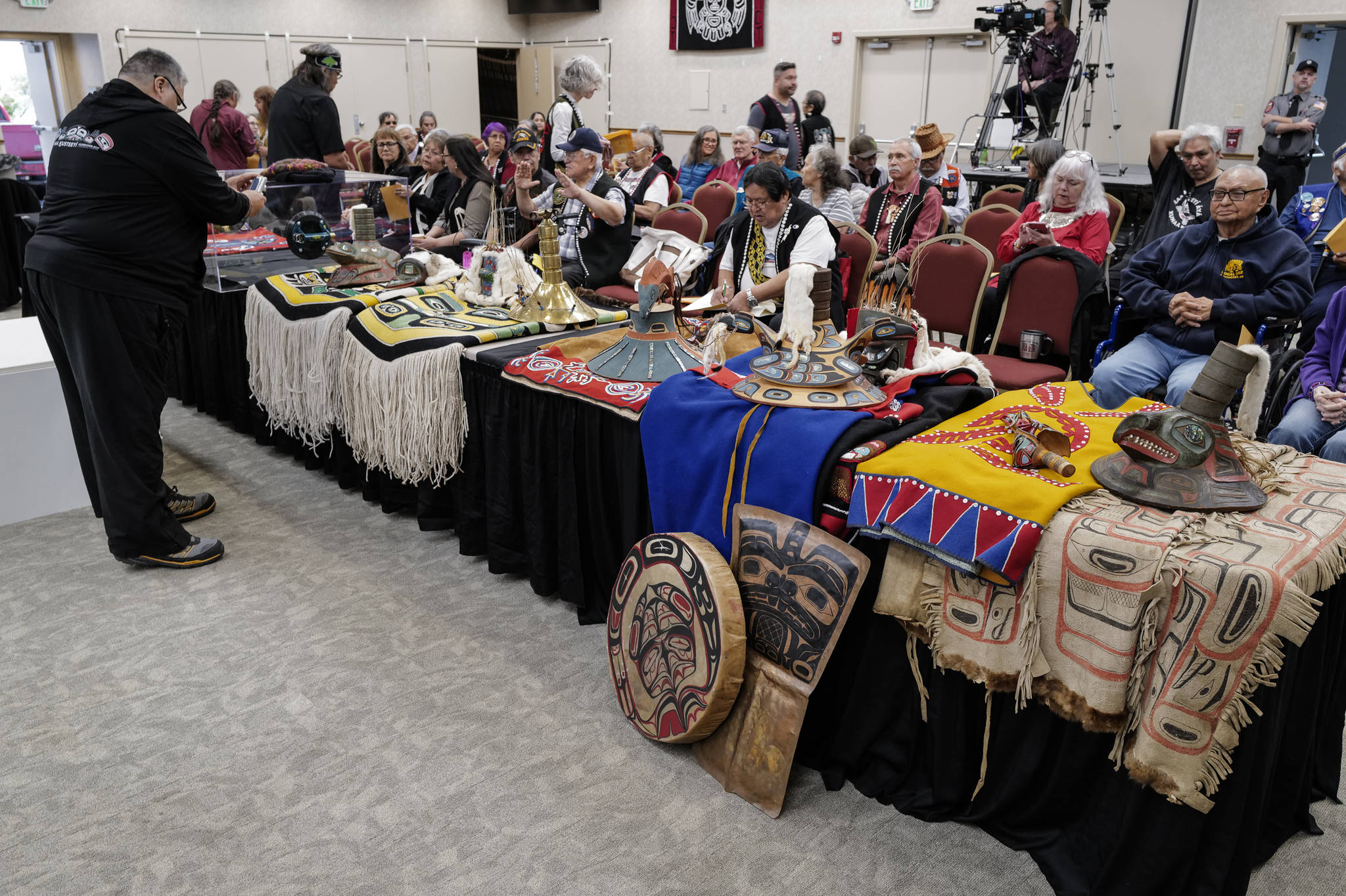 Tlingit clans display their regalia before a welcoming ceremony at Elizabeth Peratrovich Hall on Wednesday, Sept. 25, 2019. (Michael Penn | Juneau Empire)