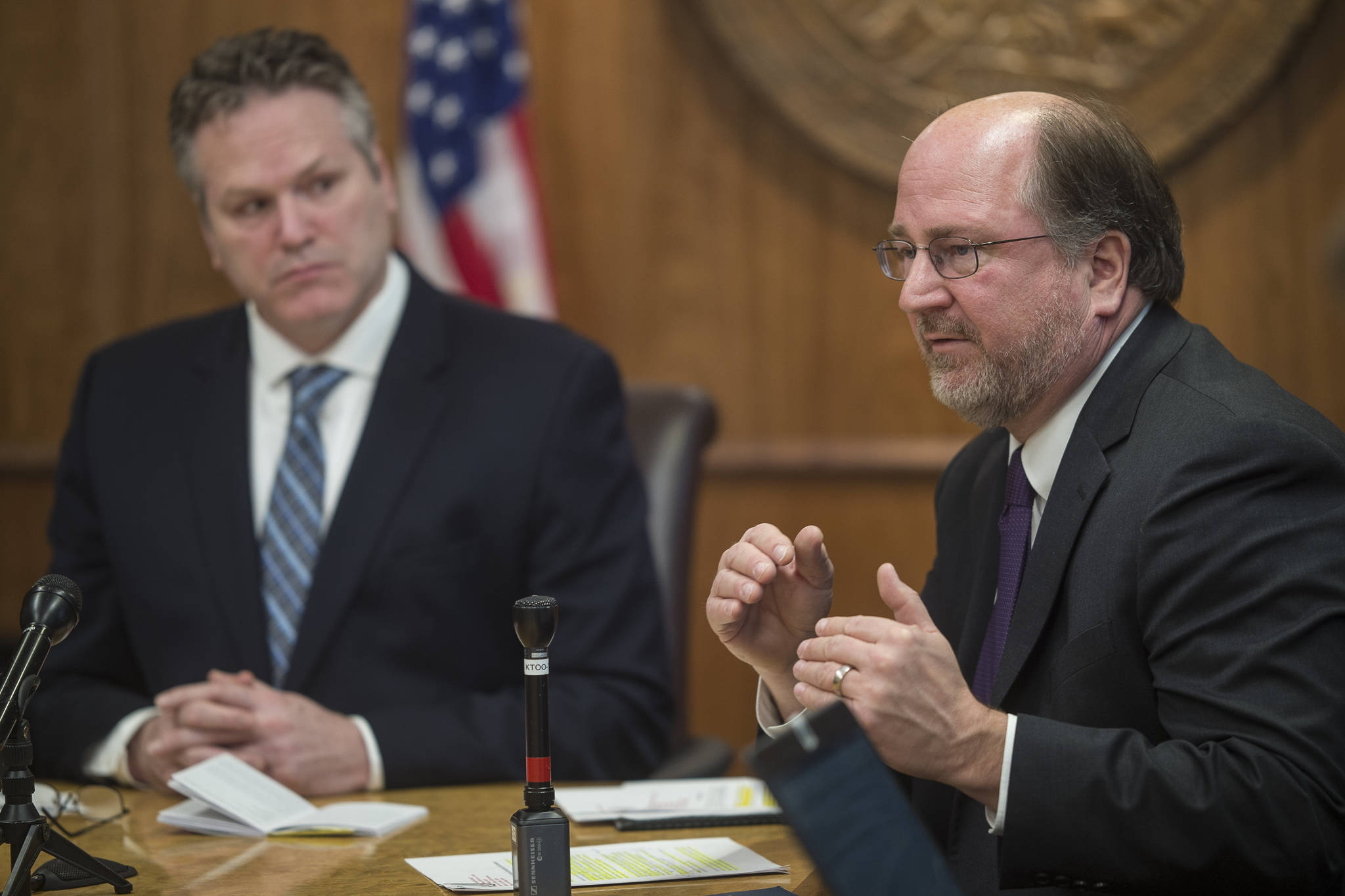 In this Empire File photo, Gov. Mike Dunleavy, left, listens as Attorney General Kevin Clarkson describes three constitutional amendments that would be a foundation of his administration’s fiscal plan during a press conference at the Capitol on Wednesday, Jan. 30, 2019. (Michael Penn | Juneau Empire File)