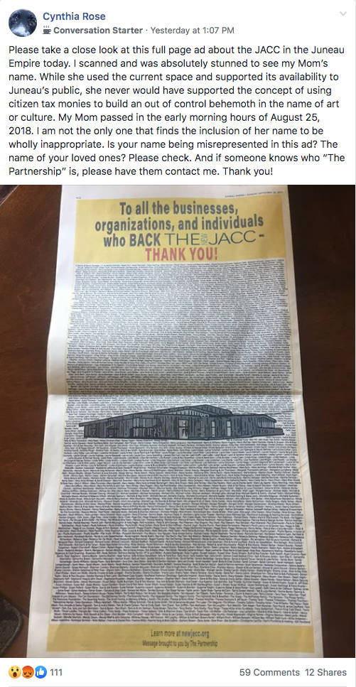 A screenshot from the public Facebook group Juneau Community Collective, stating concern over The Partnership’s advertisement in Sunday’s newspaper.