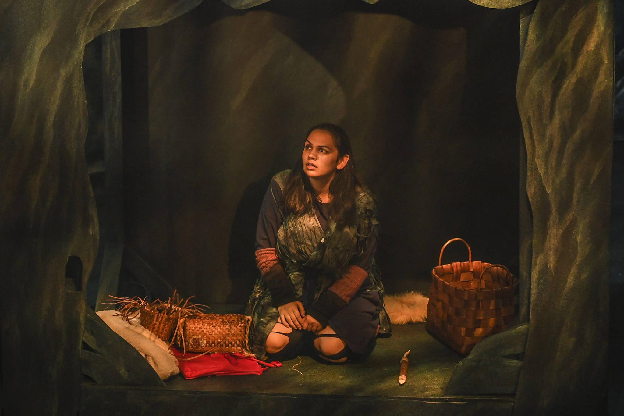 Erin Tripp, playing Aanteinatu, rehearses in Perseverance Theatre’s production of “Devilfish” written by Vera Starbard on Tuesday, Sept. 17, 2019. (Michael Penn | Juneau Empire)