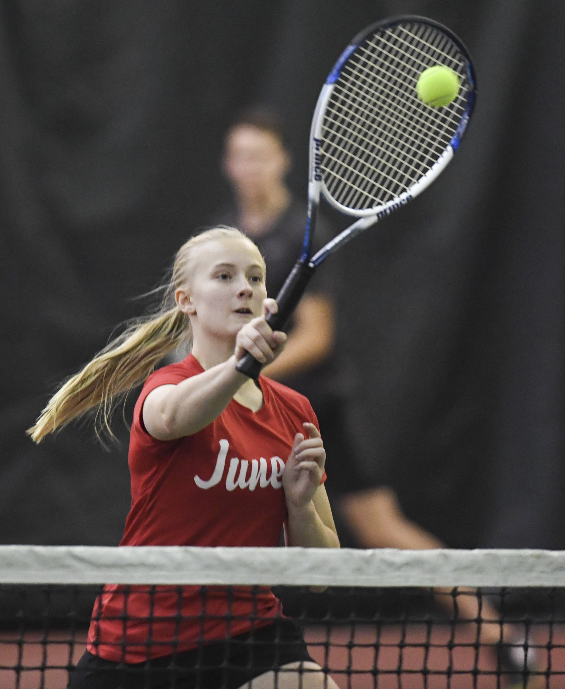 Anna Dale returns a volley during the mixed doubles’ final with partner Kevin Kooistra against Olivia Moore and William Smoker during the Region V Tennis Tournament at The Alaska Club/JRC on Sunday, Sept. 29, 2019. Dale/Kooistra won 6-0, 6-2. (Michael Penn | Juneau Empire)