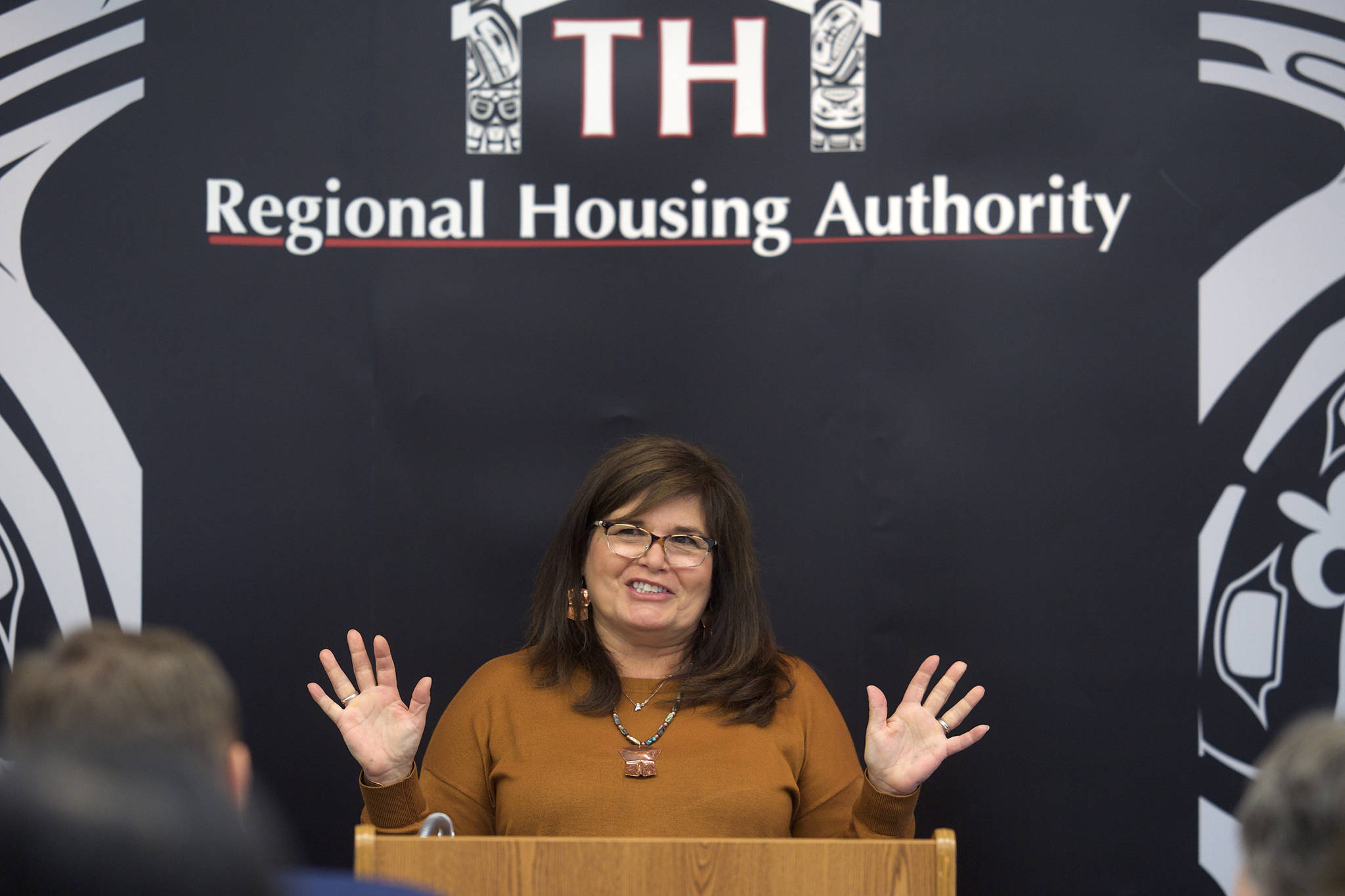 Jacqueline Pata, President & CEO of the Tlingit-Haida Regional Housing Authority, speaks at an announcement of a $1 million grant to help veteran’s housing needs in Southeast Alaska on Thursday, Oct. 3, 2019. (Michael Penn | Juneau Empire)