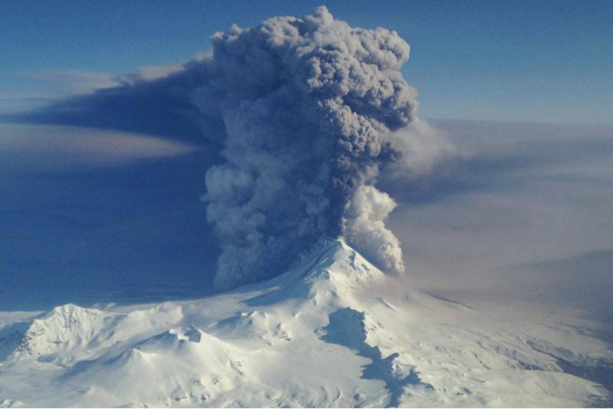 Pavlof Volcano on the Alaska Peninsula erupts in March 2016. (Courtesy Photo | Coast Guard HC-130H based in Kodiak and commanded by Lt. Commander Nahshon Almandmoss)