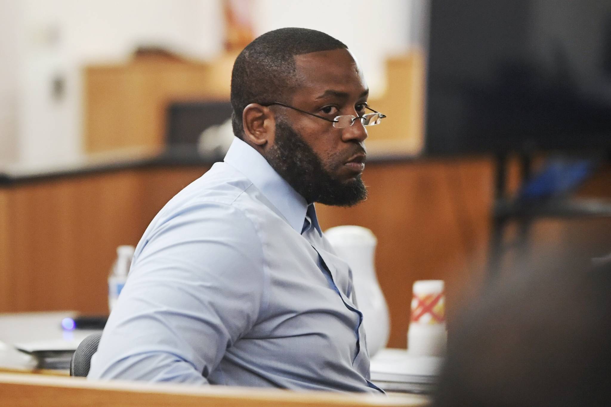 Laron Carlton Graham sits in Juneau Superior Court on Monday, Oct. 7, 2019, before closing arguments in his trial. Graham is facing two counts of first-degree murder for the November 2015 shooting deaths of 36-year-old Robert H. Meireis and 34-year-old Elizabeth K. Tonsmeire. (Michael Penn | Juneau Empire)