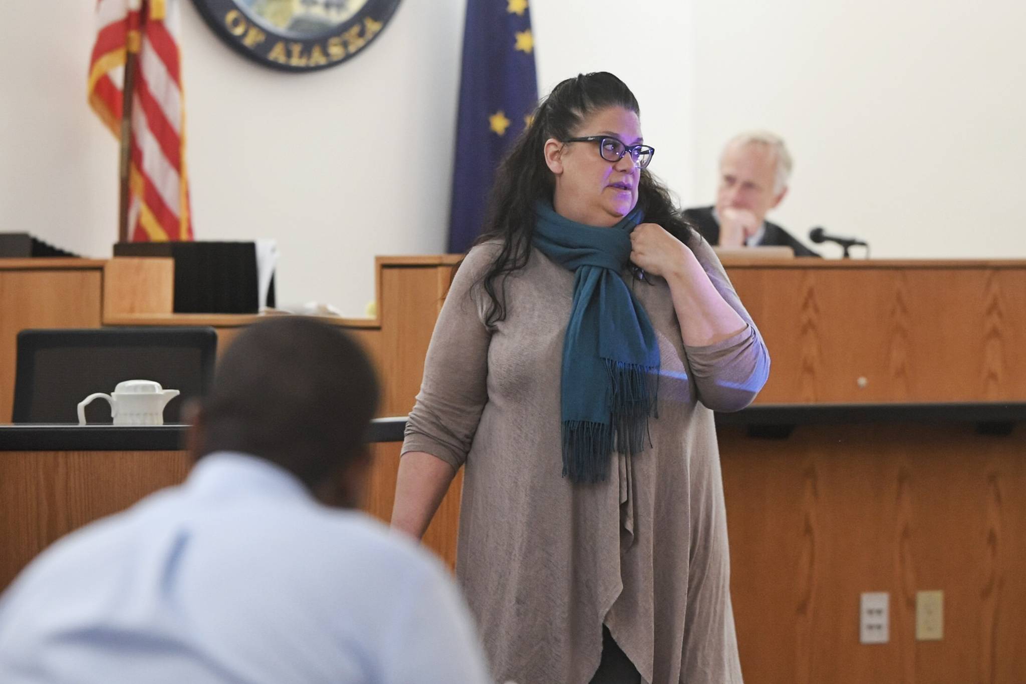 Defense Attorney Natasha Norris gives her closing argument in Juneau Superior Court on Monday, Oct. 7, 2019, during the trial of Laron Carlton Graham. Graham is facing two counts of first-degree murder for the November 2015 shooting deaths of 36-year-old Robert H. Meireis and 34-year-old Elizabeth K. Tonsmeire. Juneau Superior Court Judge Philip Pallenberg, right, and Graham, left, listen. (Michael Penn | Juneau Empire)