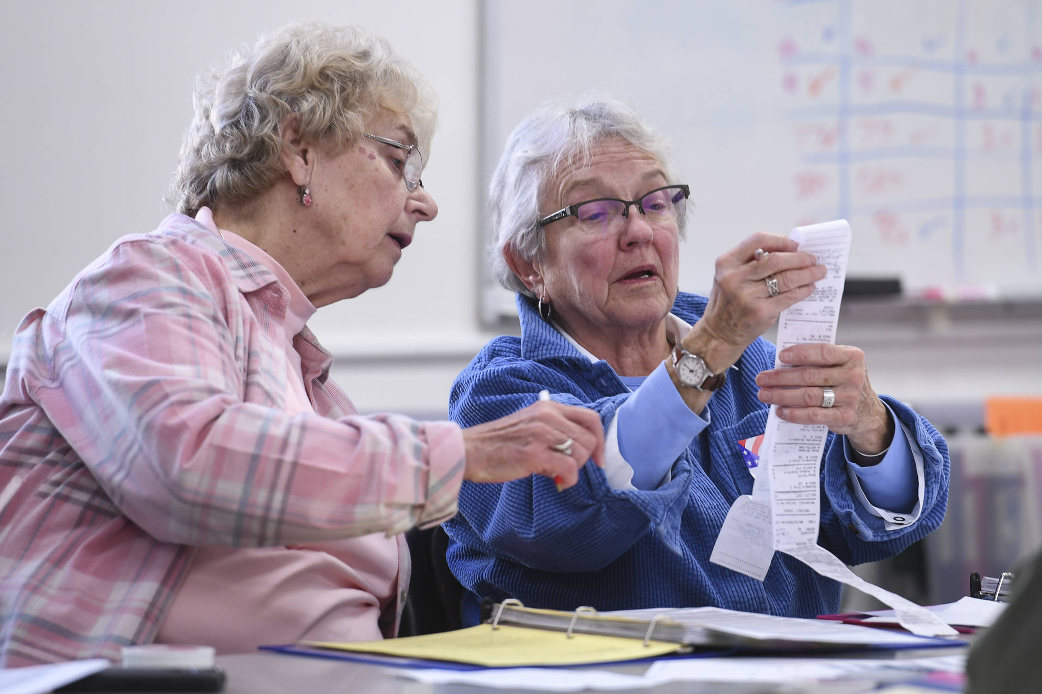 Election Canvass Review Board members Stuart Sliter, left, and Shirley Campbell make one last review of the municipal election results at City Hall on Tuesday, Oct. 8, 2019. (Michael Penn | Juneau Empire)