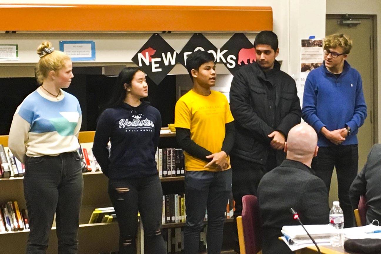 International students from five countries studying abroad in Juneau schools are introduced to the Juneau Board of Education on Oct. 8, 2019. (Michael S. Lockett | Juneau Empire)
