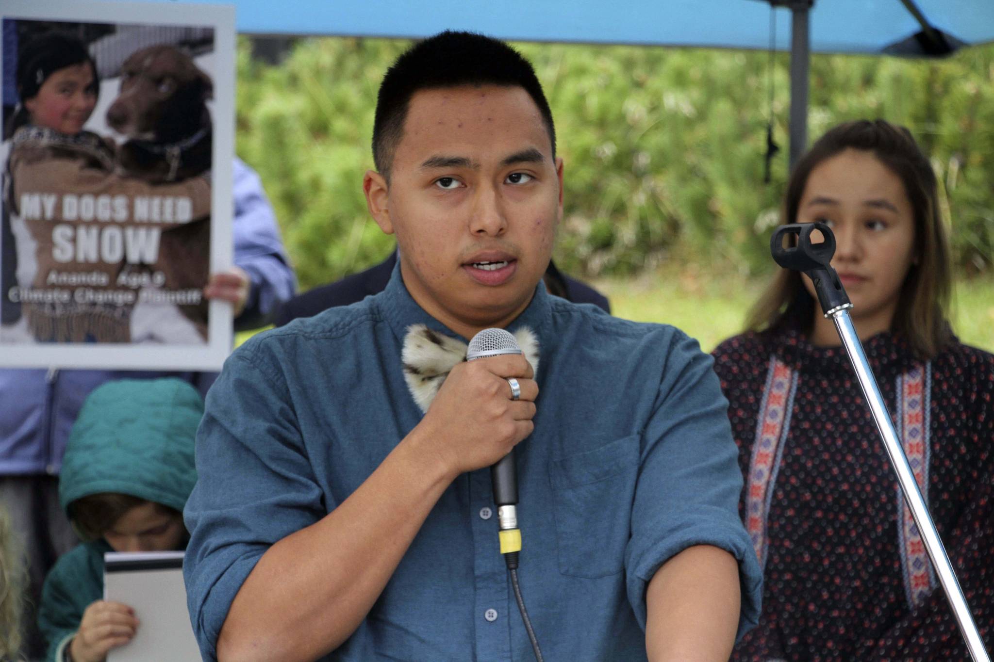 Esau Sinnok of Shishmaref speaks at a news conference after the Alaska Supreme Court heard arguments Wednesday in Anchorage in a lawsuit that claims state policy on fossil fuels is harming the constitutional right of young Alaskans to a safe climate. Sinnok and 15 other Alaska youths in 2017 sued the state, claiming that human-caused greenhouse gas emission leading to climate change is creating long-term, dangerous health effects. They lost in Superior Court, but appealed to Alaska’s highest court. (AP Photo | Mark Thiessen)