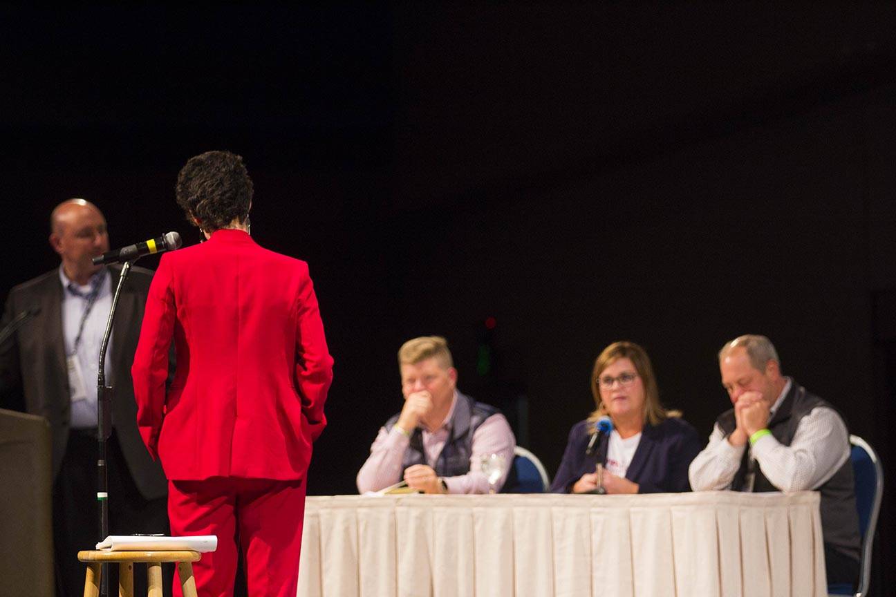 KellyAnn Cavaretta waits as the judges deliberate over her investment pitch during the Alaska Tourism Industry Association’s version of “Shark Tank” during their annual conference, held this year at Centennial Center, Oct. 9, 2019. (Michael S. Lockett | Juneau Empire)