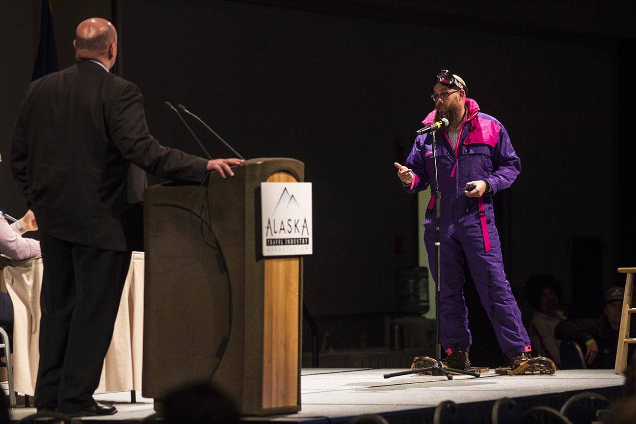 Matt Worden makes his investment pitch during the Alaska Tourism Industry Association’s version of “Shark Tank” during their annual conference, held this year at Centennial Center, Oct. 9, 2019. (Michael S. Lockett | Juneau Empire)