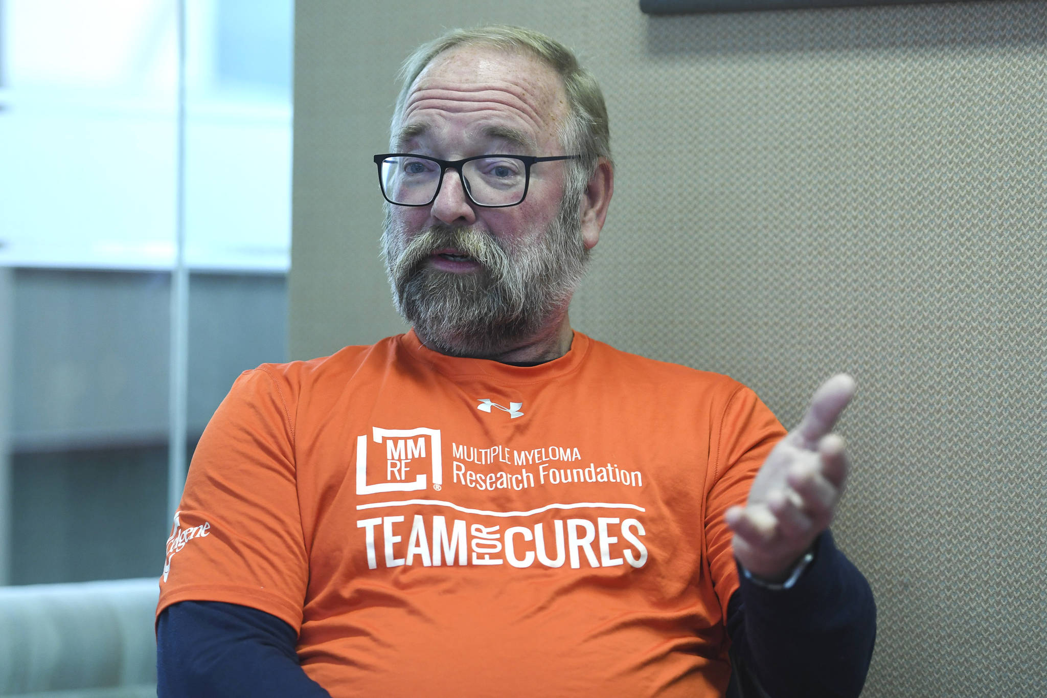 Terry White talks during an interview on Thursday, Oct. 10, 2019, about living with multiple myeloma and looking forward to an expedition in Patagonia as a fundraiser for research. (Michael Penn | Juneau Empire)