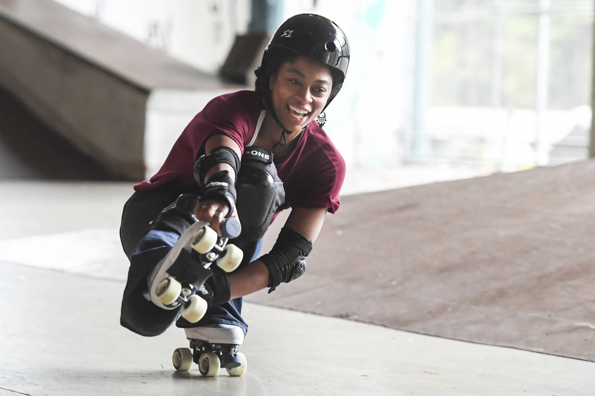 Jennifer Gross, who skates with the Juneau Rollergirls, gets her daily skate in at the Pipeline Skate Park on Friday, Oct. 11, 2019. (Michael Penn | Juneau Empire)