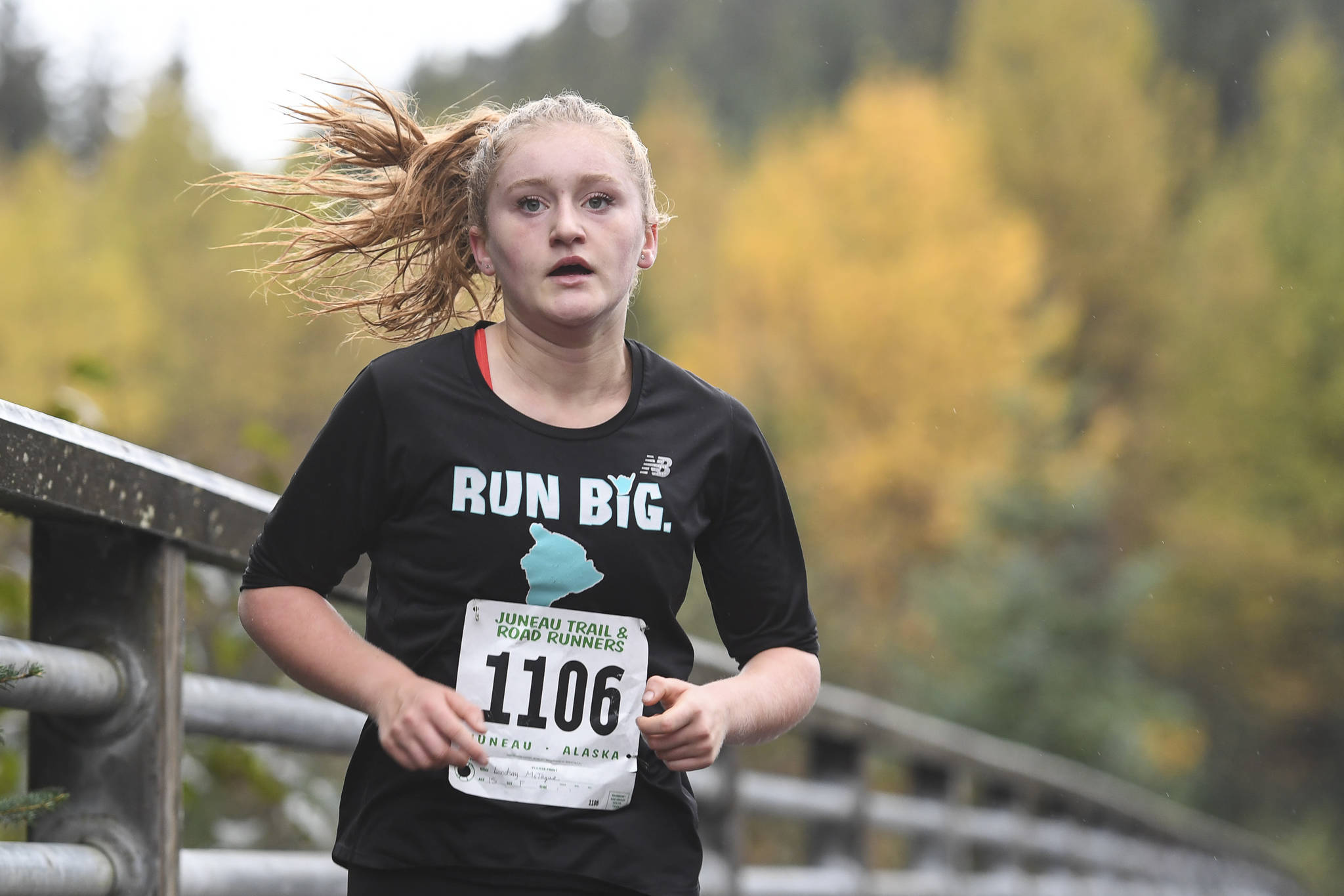Lindsay McTague participates in the annual community mental health run, the Extra Tough 5K & 1 Mile Run, on Saturday, Oct. 12, 2019, starting at Riverbend Elementary School. The run is sponsored by National Alliance on Mental Illness (NAMI) Juneau. (Michael Penn | Juneau Empire)