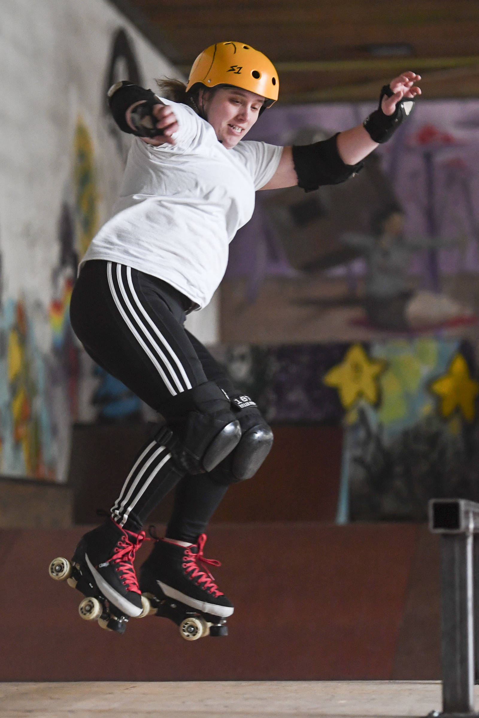 Shabadrang Khalsa, who skates with the Juneau Rollergirls, gets her daily skate in at the Pipeline Skate Park on Friday, Oct. 11, 2019. (Michael Penn | Juneau Empire)