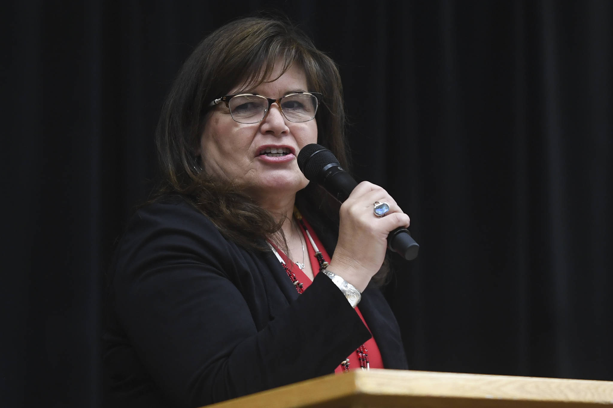 Jackie Pata, President and CEO of the Tlingit-Haida Regional Housing Authority, speaks during Indigenous Peoples’ Day at the Elizabeth Peratrovich Hall on Monday, Oct. 14, 2019. (Michael Penn | Juneau Empire)
