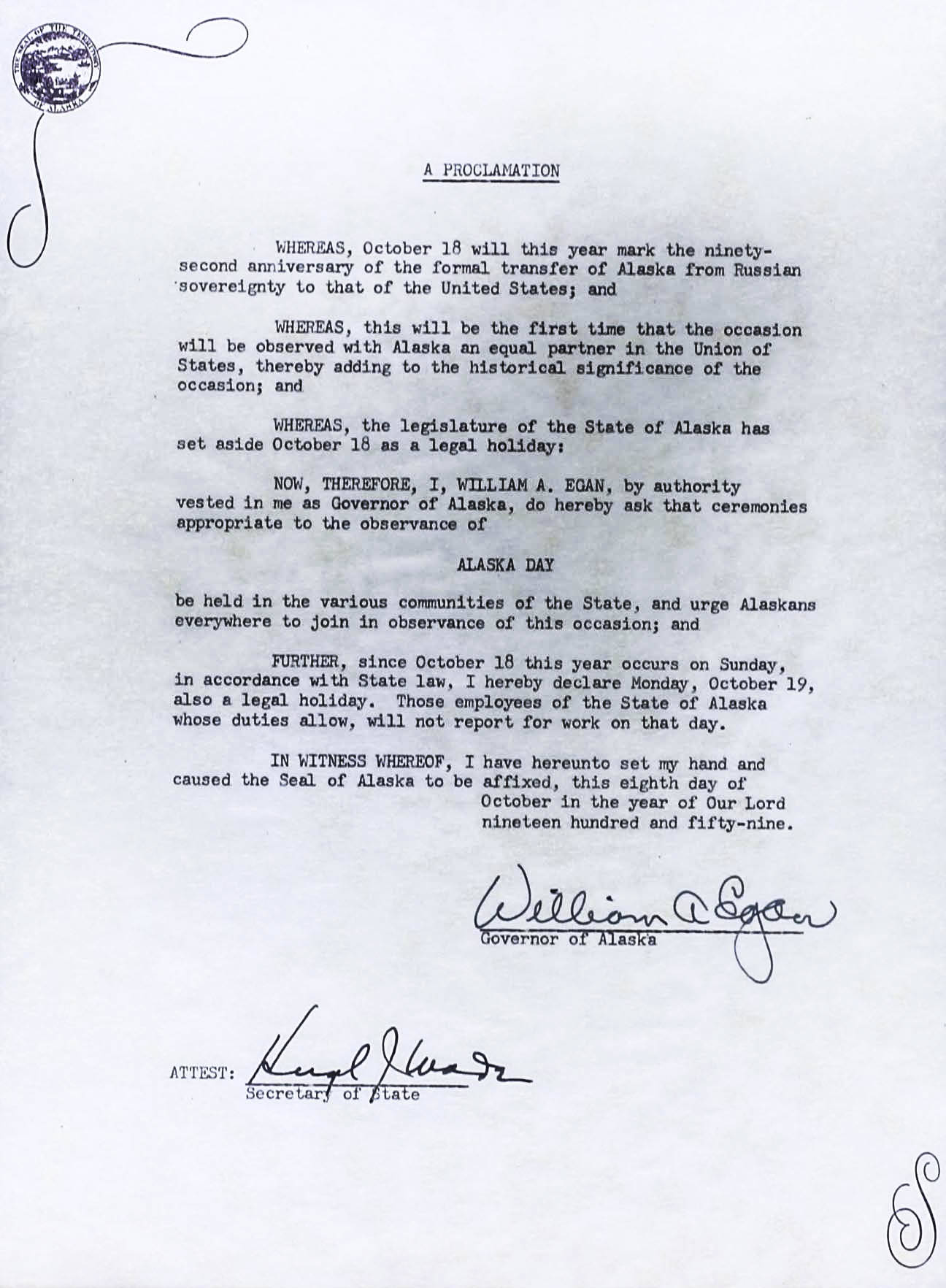 This is a scan of Gov. William Egan’s original proclamation making Alaska Day an annual holiday. (Courtesy of the Alaska State Museum archives)