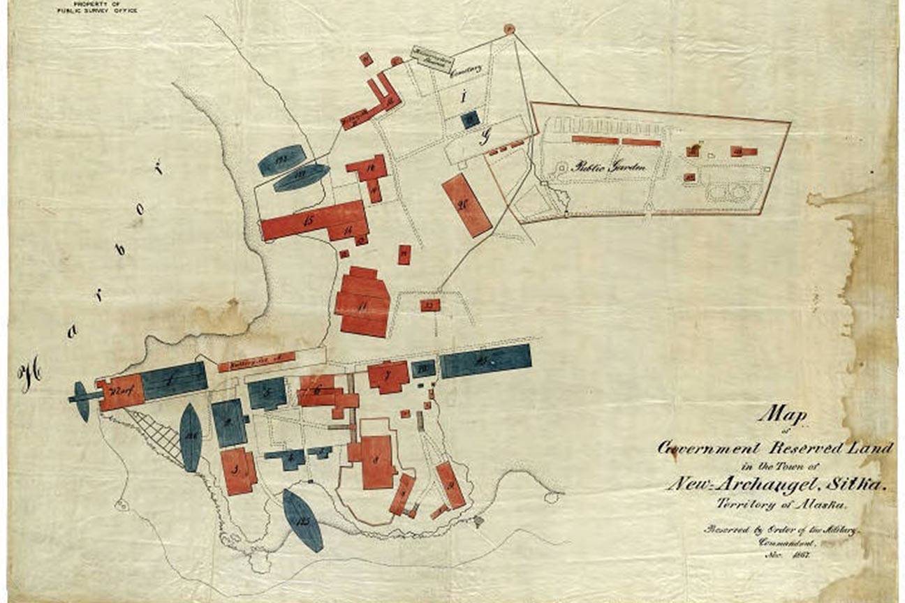 This is an early map of Sitka at the time of the handover, showing the buildings and government land. (Courtesy of the Alaska State Museum archives)