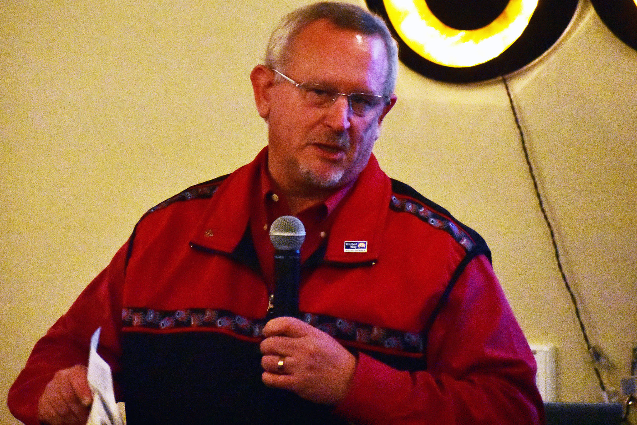 Warren Russell, chair of the Board of Directors for United Way of Southeast Alaska speaks at the Juneau Chamber of Commerce Luncheon on Thursday, Oct. 17, 2019. (Peter Segall | Juneau Empire)